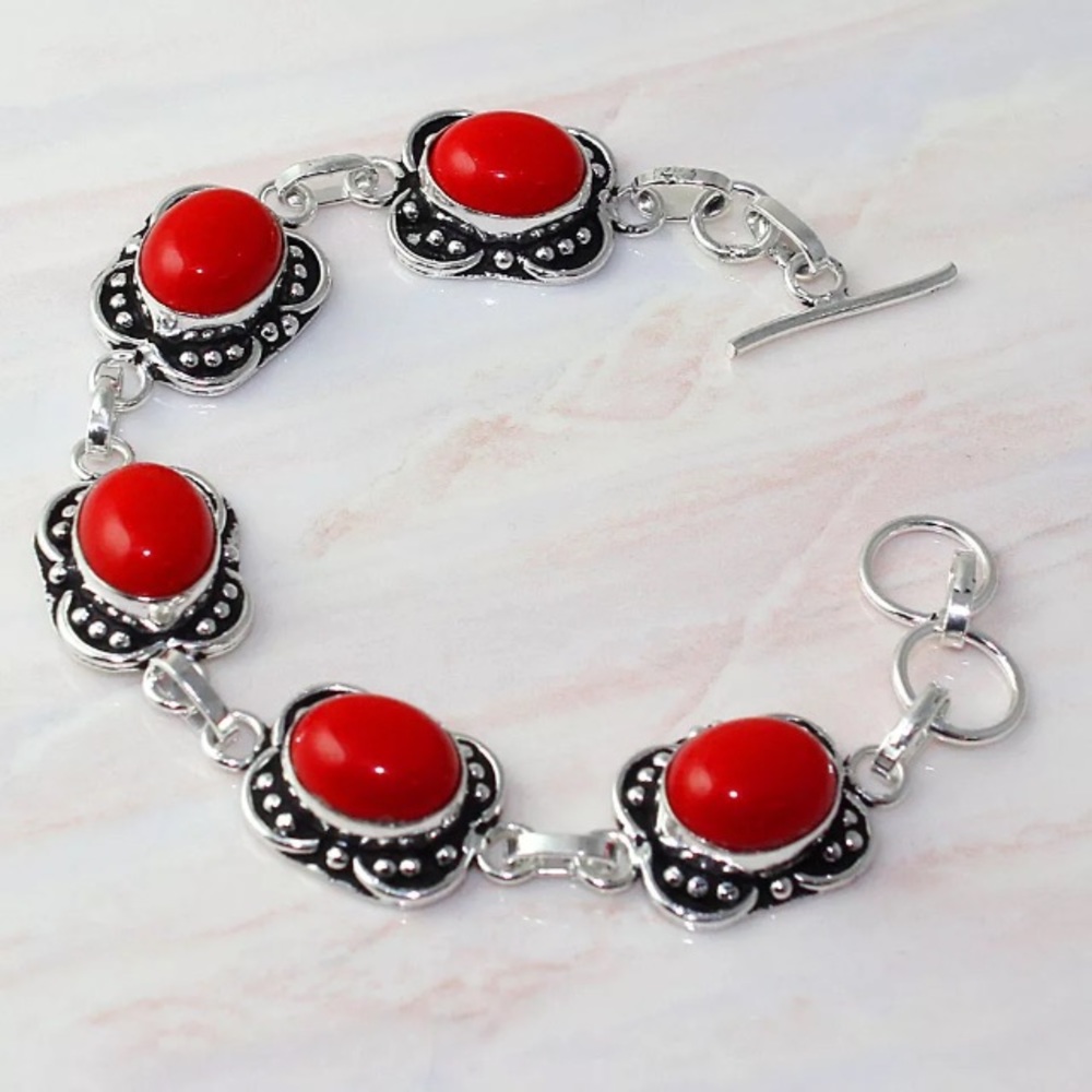 Red Coral & Silver Bracelet